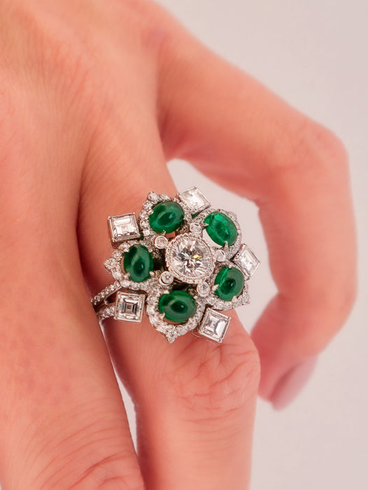 Platinum Emerald And Diamond Handmade Entourage Ring