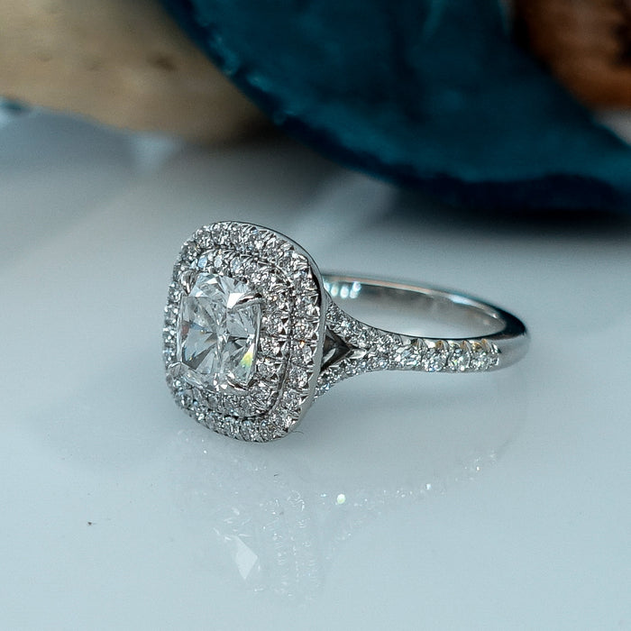 Cushion Cut Double Diamond Halo Engagement Ring