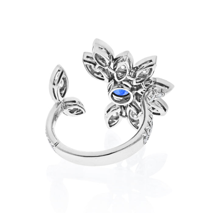 Sapphire And Diamond In Between The Finger Flower Cocktail Ring