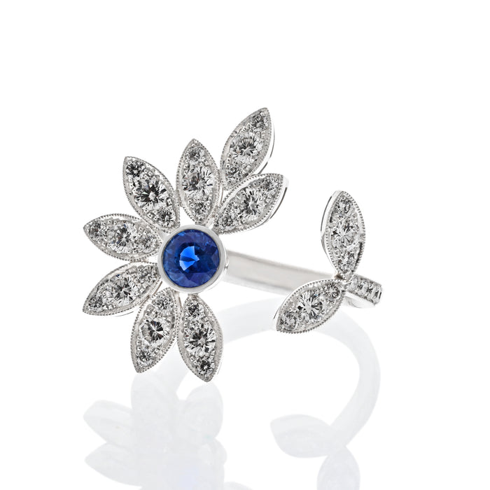 Sapphire And Diamond In Between The Finger Flower Cocktail Ring