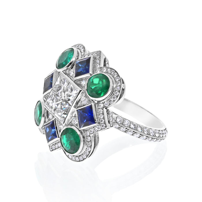 Sapphire, Emerald And Diamond High-End Cocktail Ring