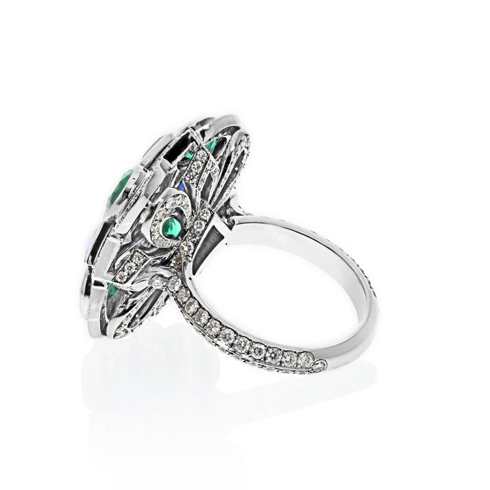 Sapphire, Emerald And Diamond High-End Cocktail Ring