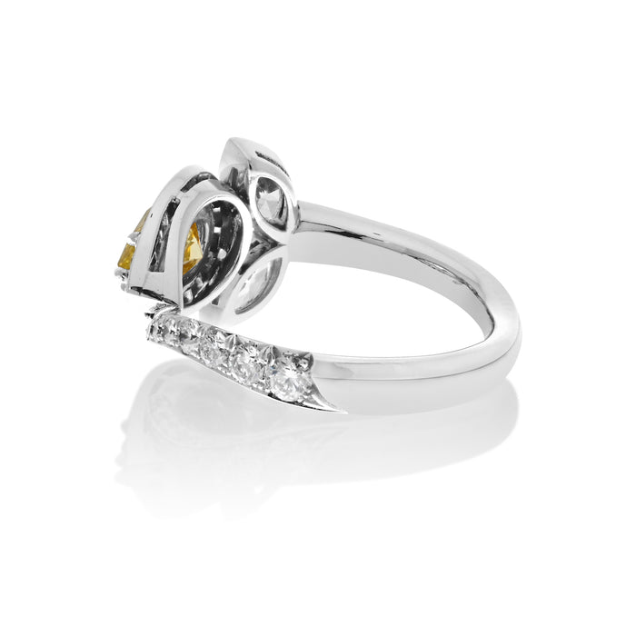 East West 1.17ct Fancy Yellow Pear Cut Diamond Halo Cocktail Ring