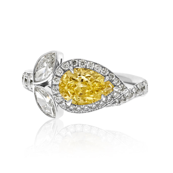 East West 1.17ct Fancy Yellow Pear Cut Diamond Halo Cocktail Ring