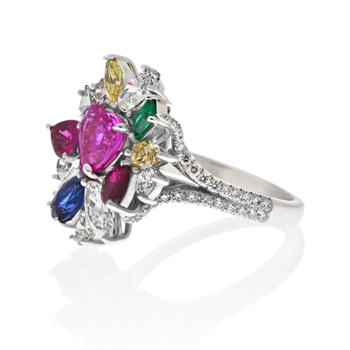 Tutti Frutti Diamond, Sapphire, Emerald And Ruby Cocktail Platinum Ring
