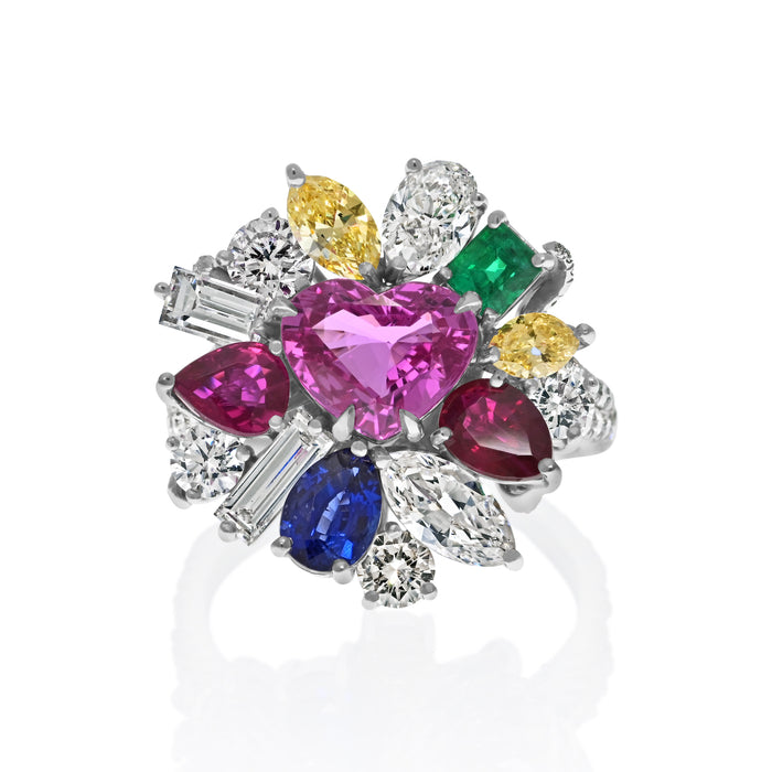 Tutti Frutti Diamond, Sapphire, Emerald And Ruby Cocktail Platinum Ring