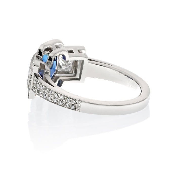 Platinum Cushion Cut Sapphire Three Stone Diamond Ring