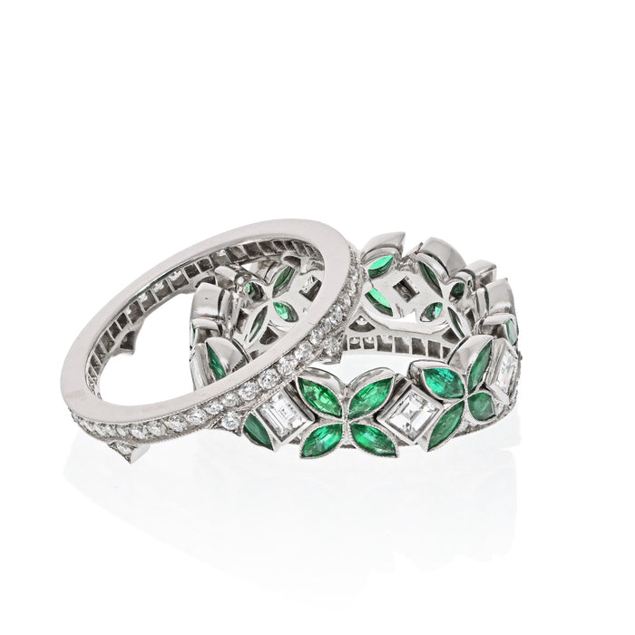 Platinum Stackable Three Piece Emerald & Diamond Rings Set