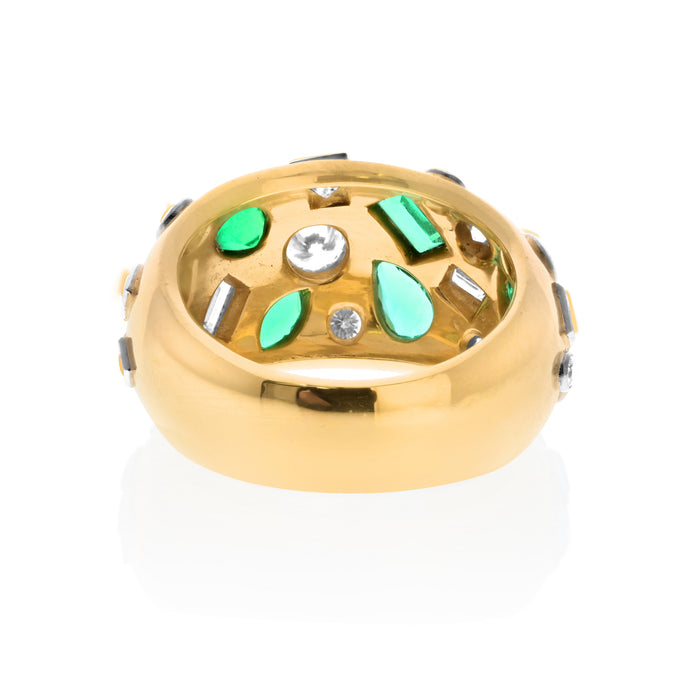 18K Yellow Gold Mixed Cuts Diamonds & Green Emerald Cigar Ring