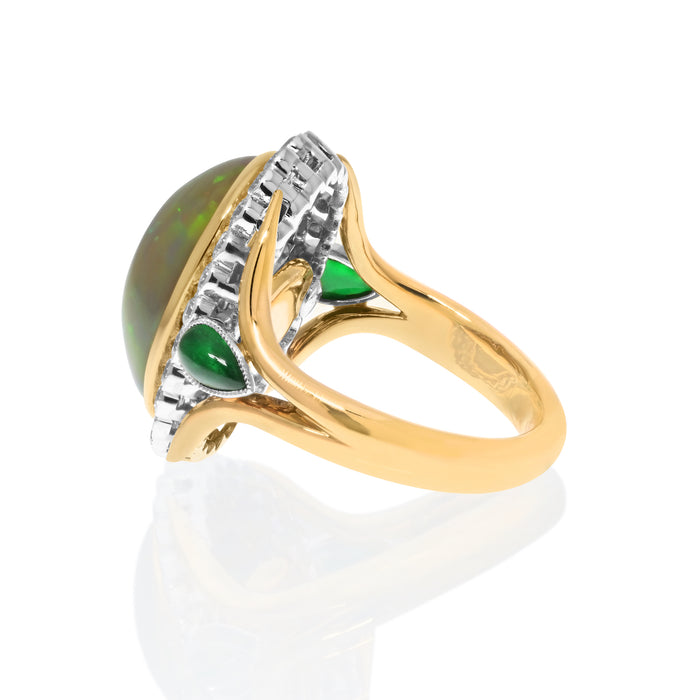 18K Yellow Gold Opal, Green Emeralds & Diamond Cocktail Ring