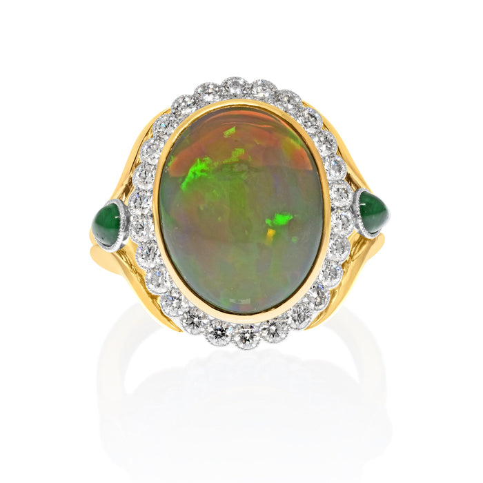 18K Yellow Gold Opal, Green Emeralds & Diamond Cocktail Ring