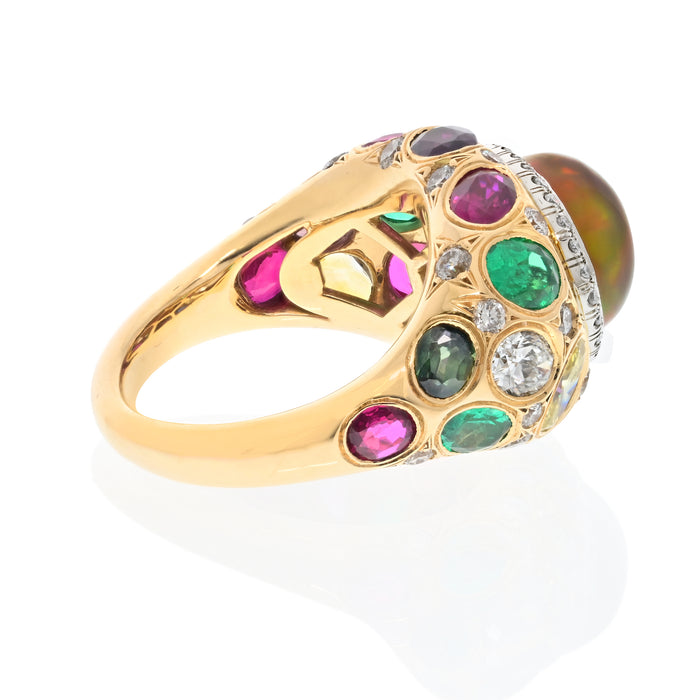 18K Yellow Gold Cabochon Fire Opal, Gemstone And Diamond Bombe Cocktail Ring