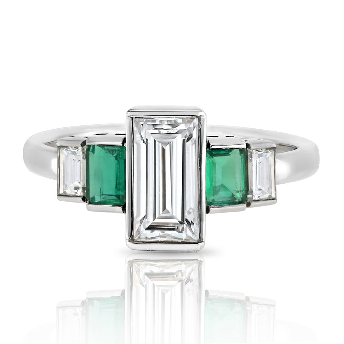 Platinum Bezel Set Emerald Cut Diamond And Green Emerald Ring