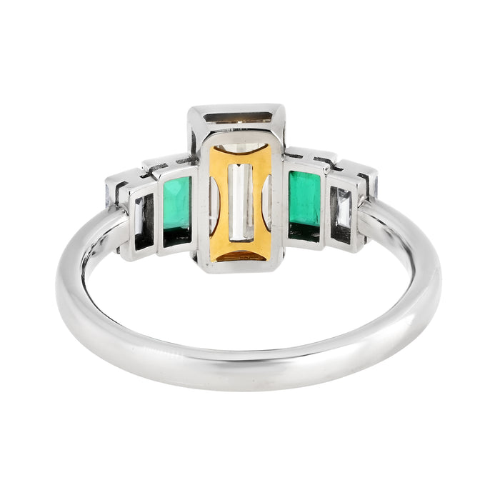 Platinum Bezel Set Emerald Cut Diamond And Green Emerald Ring