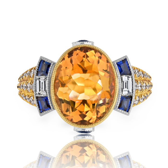 18K Yellow Gold 8 Carat Orange Citrine, Sapphire And Diamond Cocktail Ring