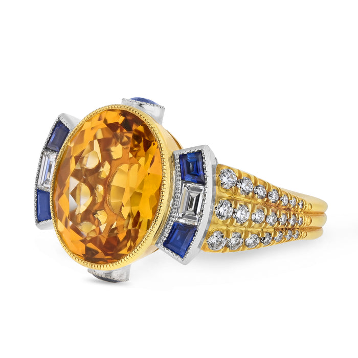 18K Yellow Gold 8 Carat Orange Citrine, Sapphire And Diamond Cocktail Ring