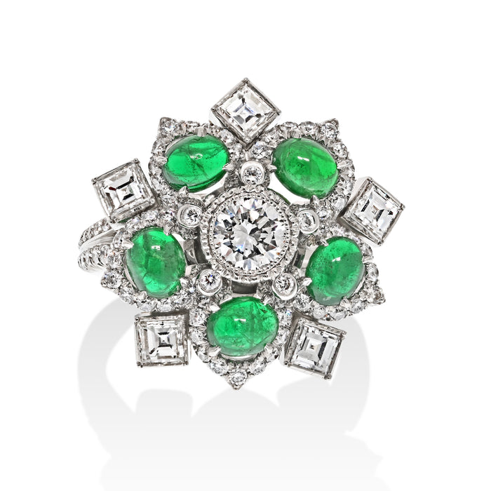 Platinum Emerald And Diamond Handmade Entourage Ring