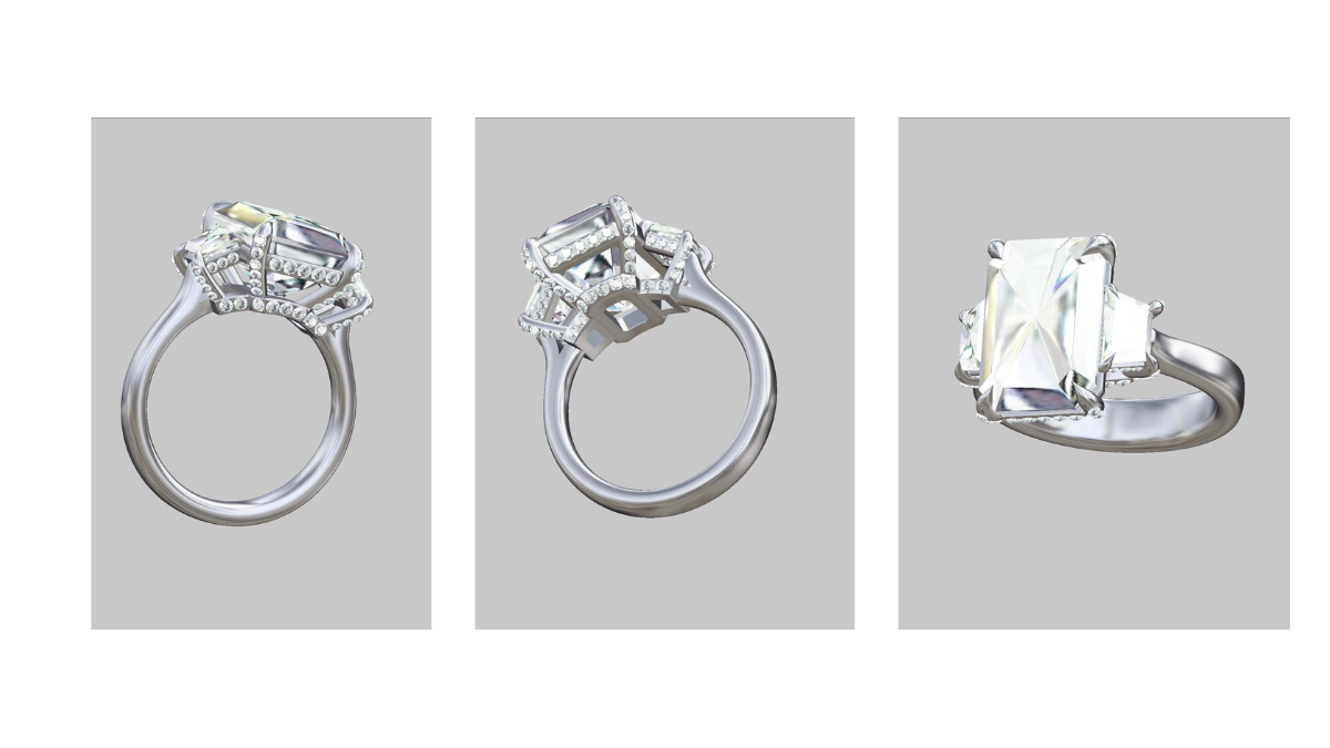 3D design of a three stone diamond engagement ring