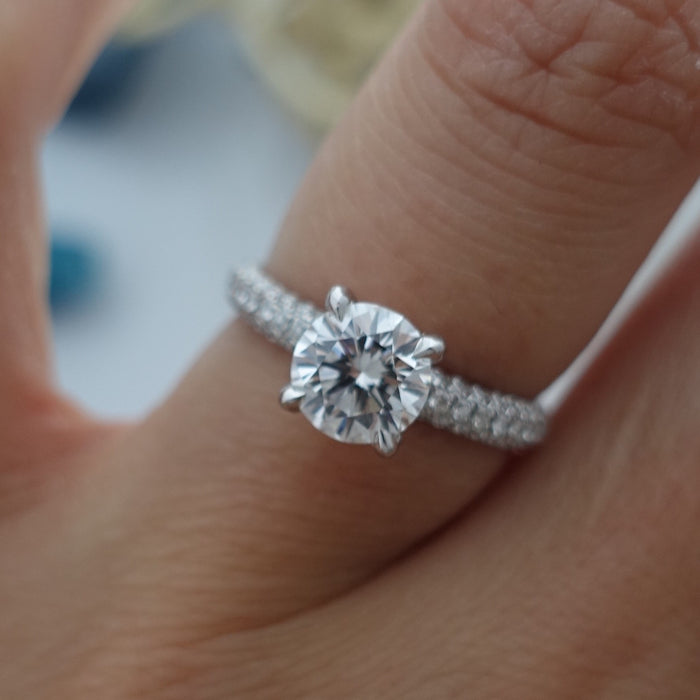 Round Cut Triple Pave Band Diamond Engagement Ring