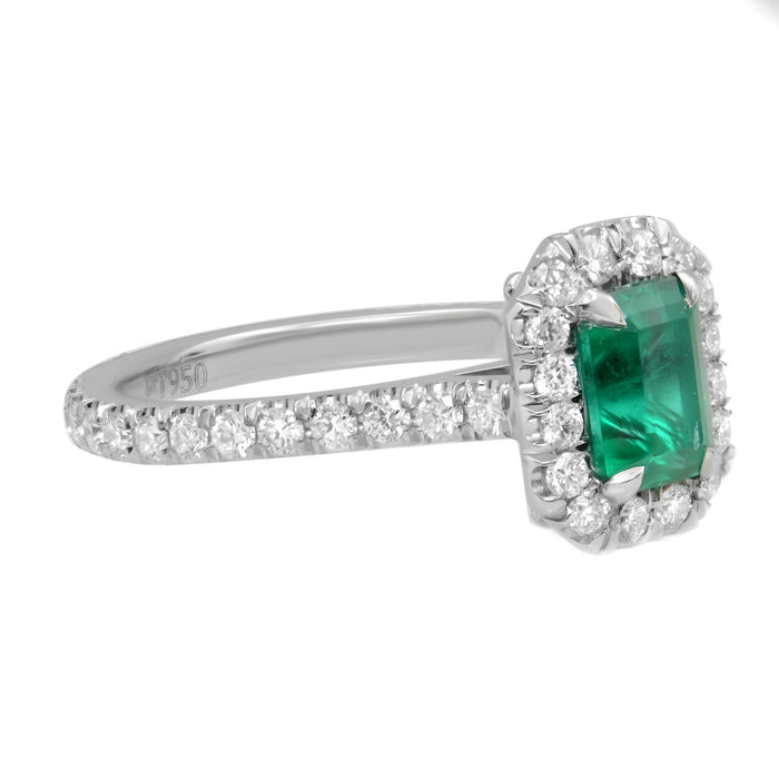 Green Emerald And Diamond Halo Engagement Ring