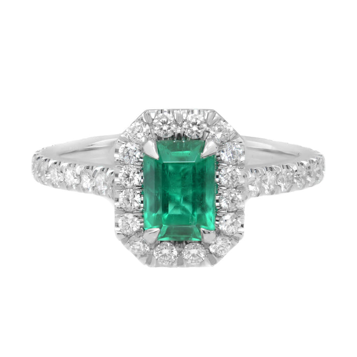 Green Emerald And Diamond Halo Engagement Ring
