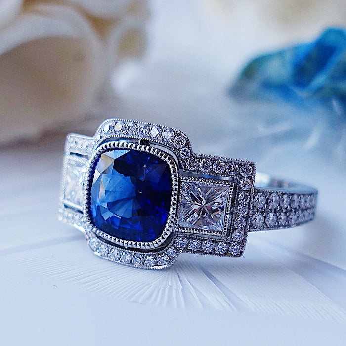 saray jewelry makes handmade sapphire and diamond rings in platinum 