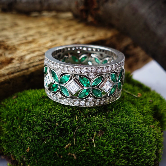 Platinum Stackable Three Piece Emerald & Diamond Rings Set