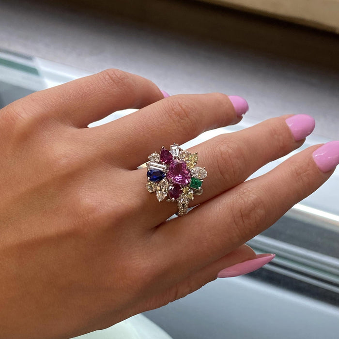 Tutti Frutti Diamond, Sapphire, Emerald And Ruby Cocktail Platinum Ring