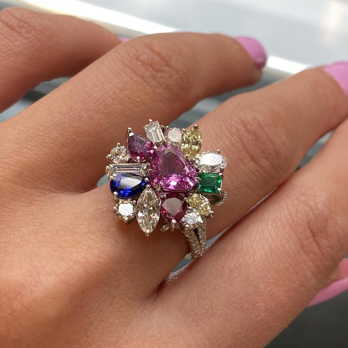 Tutti Frutti Diamond, Sapphire, Emerald And Ruby Cocktail Platinum Ring