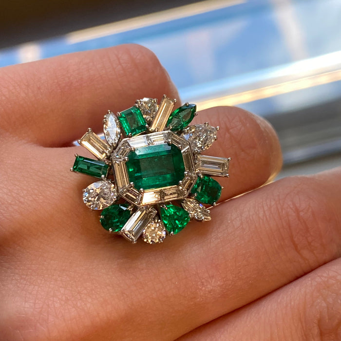 Platinum Entourage Green Colombian Emerald And Diamond Cocktail Ring