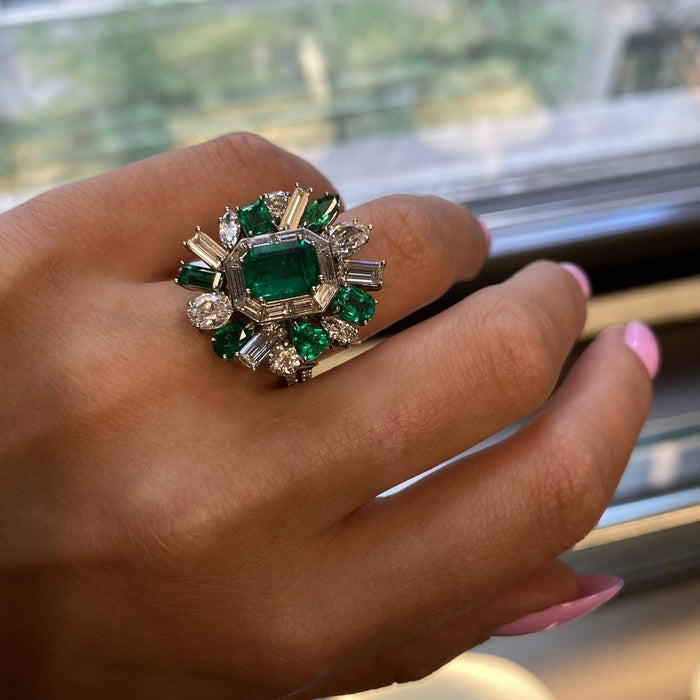 Platinum Entourage Green Colombian Emerald And Diamond Cocktail Ring