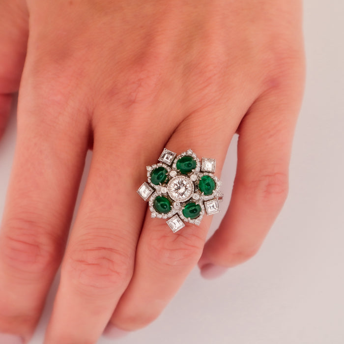 Platinum Emerald And Diamond Handmade Entourage Ring