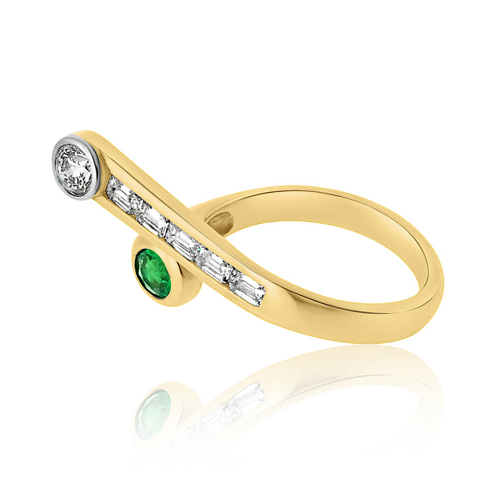 18K Yellow Gold Sculptural Crossover Diamond And Emerald Ring