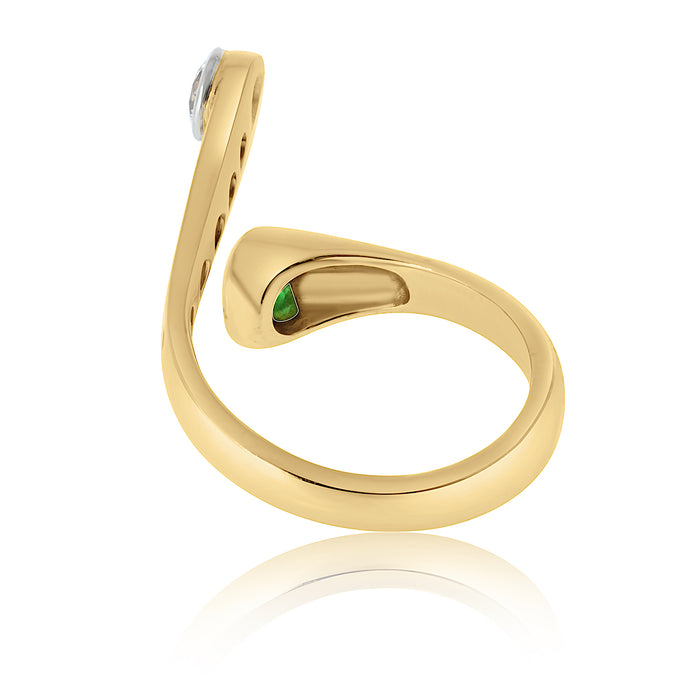 18K Yellow Gold Sculptural Crossover Diamond And Emerald Ring