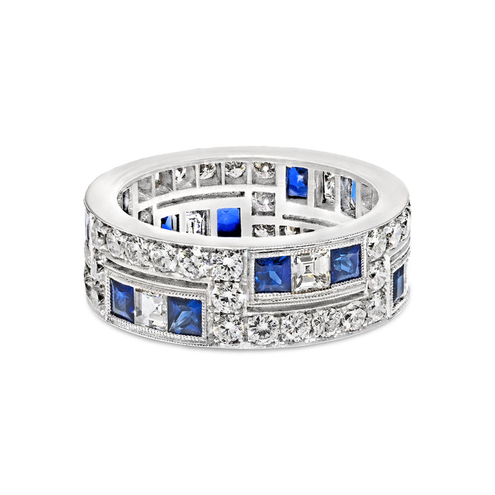 Handmade Two Row Diamond And Sapphire Eternity Ring