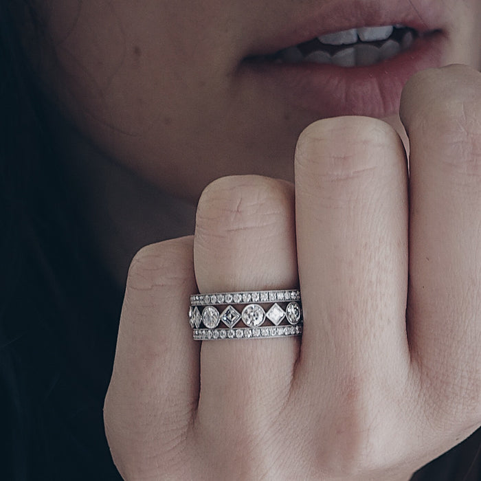 Handmade Bezel Set Round And Carre Cut Diamond Eternity Ring