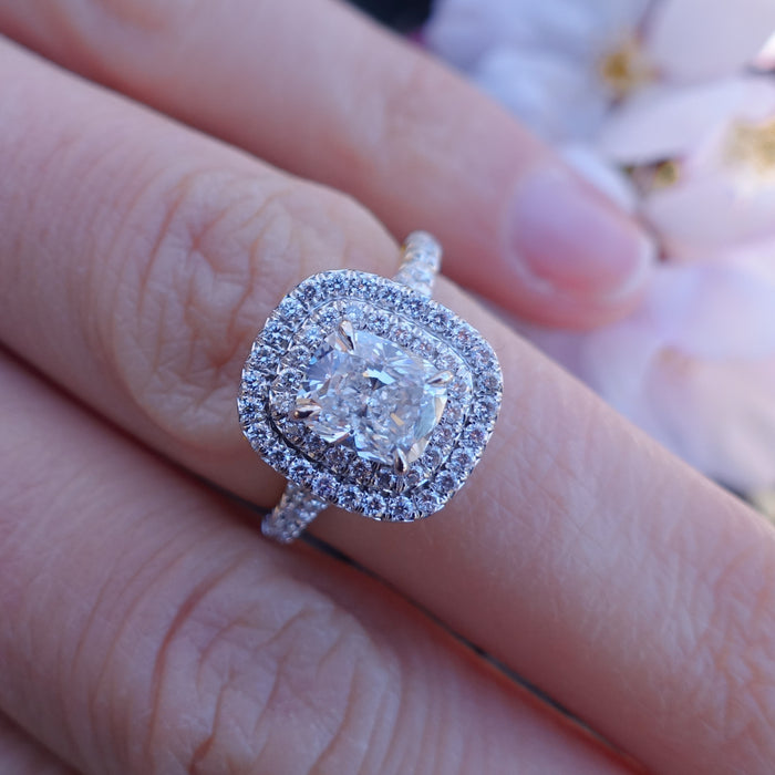 Cushion Cut Double Diamond Halo Engagement Ring