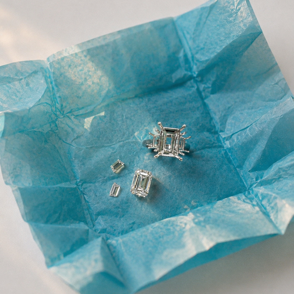 Three emerald-cut diamond jewelry settings arranged on a crumpled light blue tissue paper on a white surface.