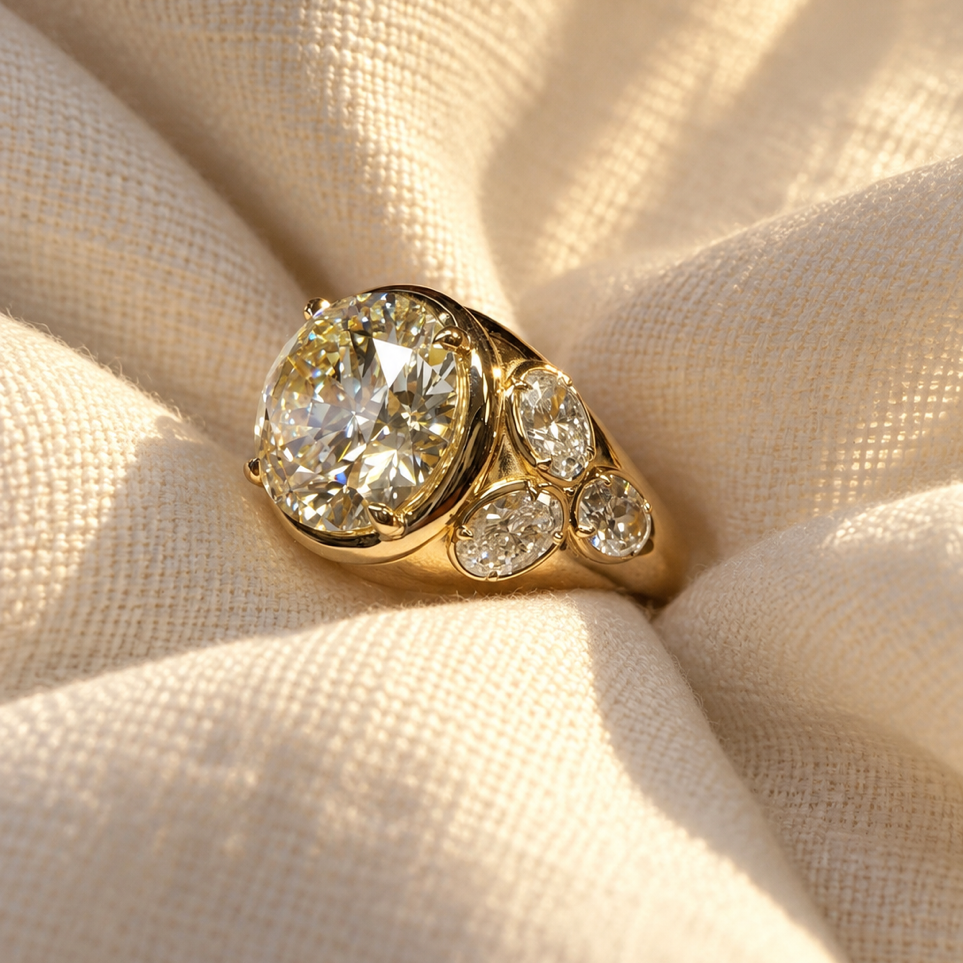 A yellow gold ring with a large round brilliant-cut diamond center stone and three smaller diamonds on the band, displayed on textured cream fabric.