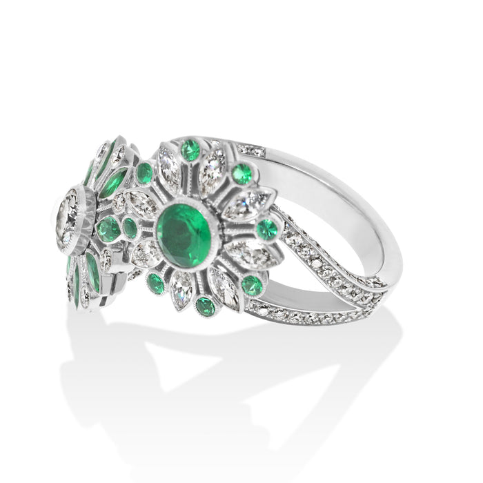 Diamond And Green Emerald Toi Et Moi Flower Cocktail Ring