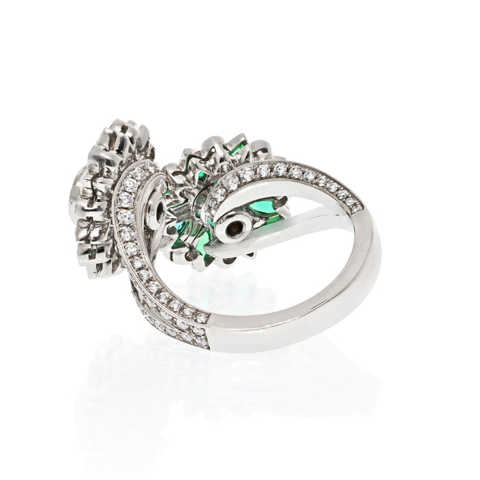 Diamond And Green Emerald Toi Et Moi Flower Cocktail Ring