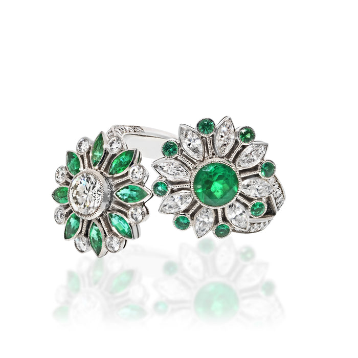 Diamond And Green Emerald Toi Et Moi Flower Cocktail Ring