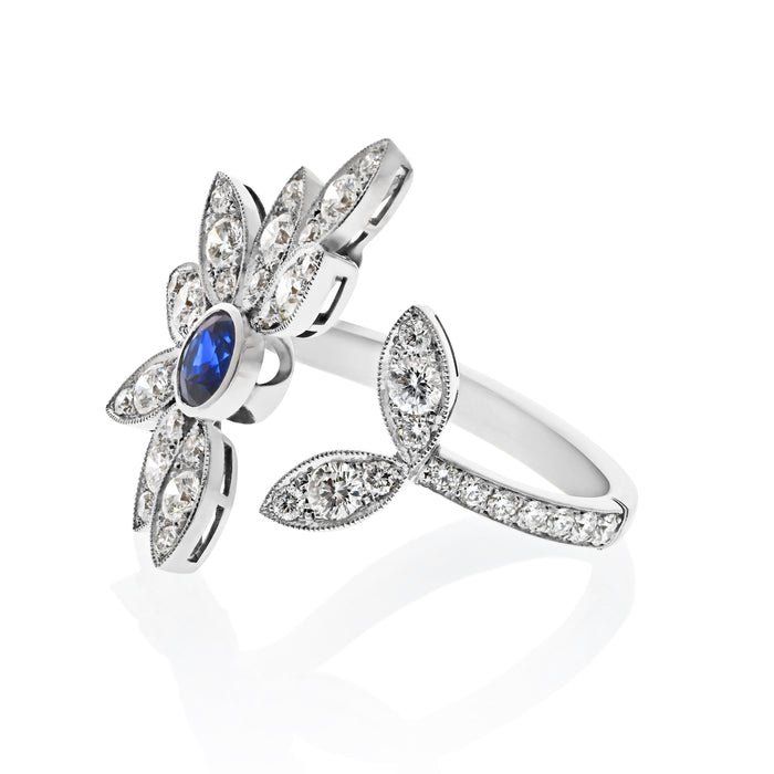 Sapphire And Diamond In Between The Finger Flower Cocktail Ring