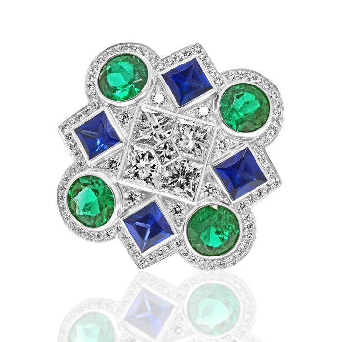 Sapphire, Emerald And Diamond High-End Cocktail Ring