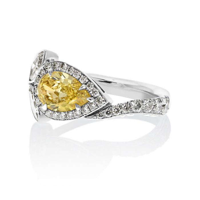 East West 1.17ct Fancy Yellow Pear Cut Diamond Halo Cocktail Ring