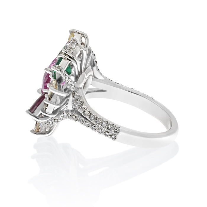 Tutti Frutti Diamond, Sapphire, Emerald And Ruby Cocktail Platinum Ring