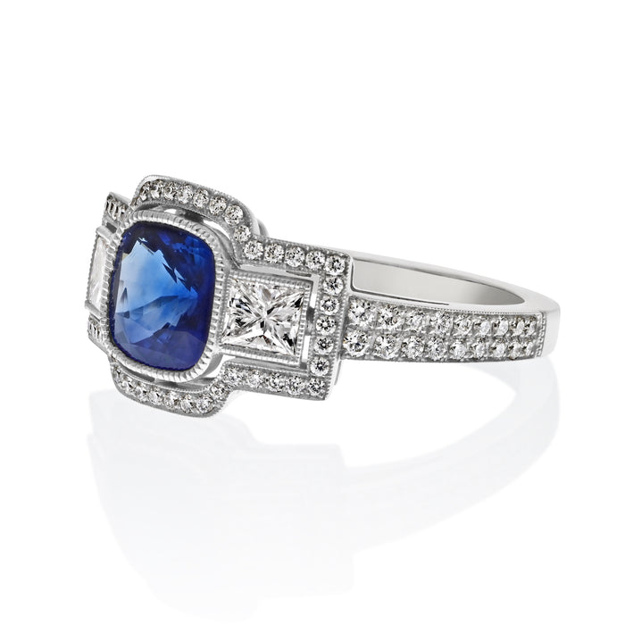 Platinum Cushion Cut Sapphire Three Stone Diamond Ring