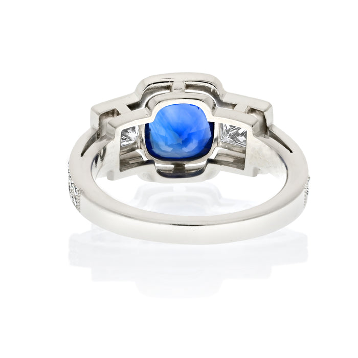 Platinum Cushion Cut Sapphire Three Stone Diamond Ring