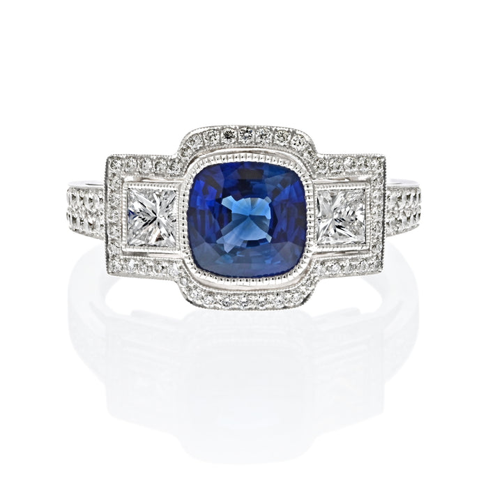 Platinum Cushion Cut Sapphire Three Stone Diamond Ring