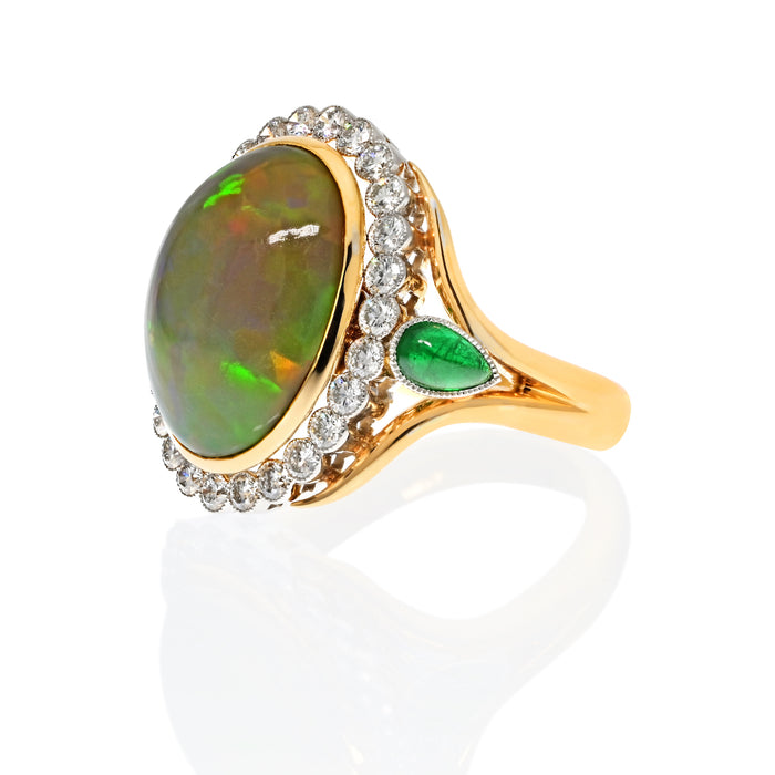 18K Yellow Gold Opal, Green Emeralds & Diamond Cocktail Ring